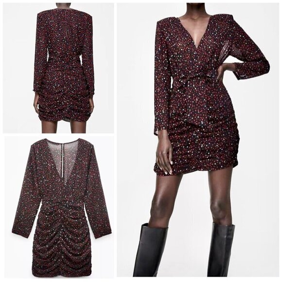 NWT Zara‎ Black Red White Heart Print Ruched V-Neck Long Sleeve Mini Dress Sz S - Picture 1 of 15